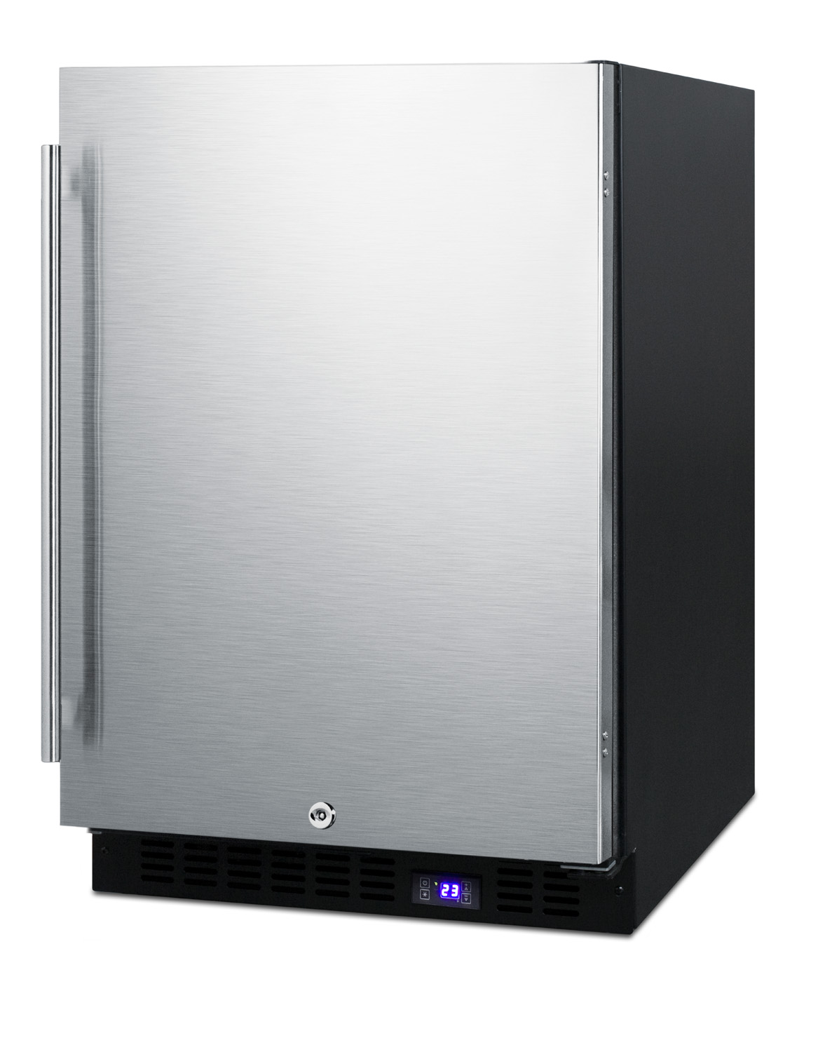Frost-free outdoor all-freezer for built-in or freestanding use with black cabinet, stainless steel door, digital thermostat, LED lighting, and lock